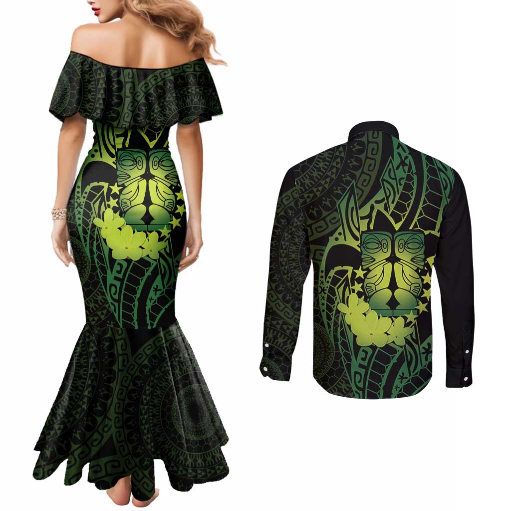 Kia Orana Kuki Airani Couples Matching Mermaid Dress and Long Sleeve Button Shirt Cook Islands Tangaroa God Tatau Green LT14 - Polynesian Pride