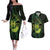 Kia Orana Kuki Airani Couples Matching Off The Shoulder Long Sleeve Dress and Hawaiian Shirt Cook Islands Tangaroa God Tatau Green