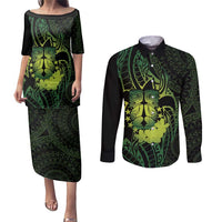 Kia Orana Kuki Airani Couples Matching Puletasi and Long Sleeve Button Shirt Cook Islands Tangaroa God Tatau Green LT14 Green - Polynesian Pride