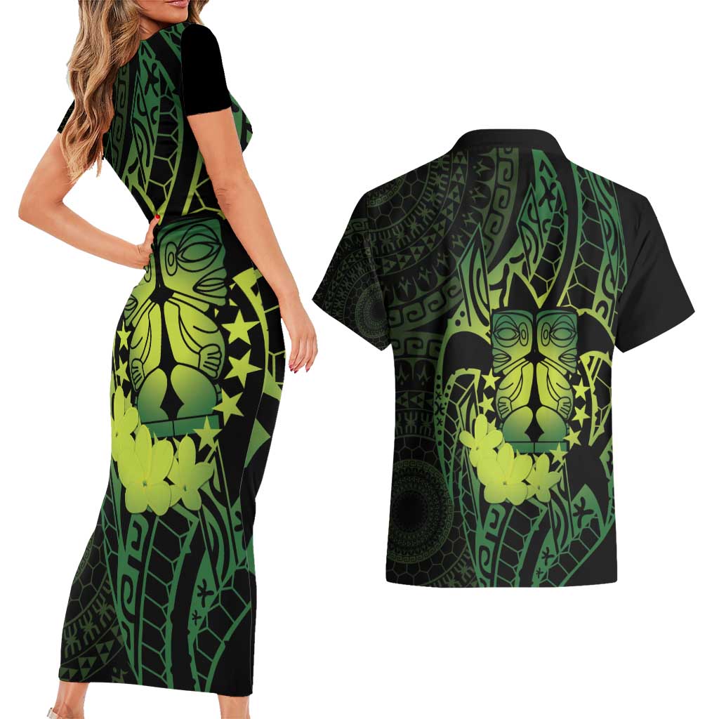 Kia Orana Kuki Airani Couples Matching Short Sleeve Bodycon Dress and Hawaiian Shirt Cook Islands Tangaroa God Tatau Green LT14 - Polynesian Pride