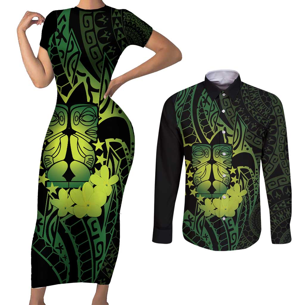 Kia Orana Kuki Airani Couples Matching Short Sleeve Bodycon Dress and Long Sleeve Button Shirt Cook Islands Tangaroa God Tatau Green LT14 Green - Polynesian Pride