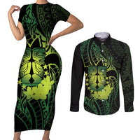 Kia Orana Kuki Airani Couples Matching Short Sleeve Bodycon Dress and Long Sleeve Button Shirt Cook Islands Tangaroa God Tatau Green LT14 Green - Polynesian Pride