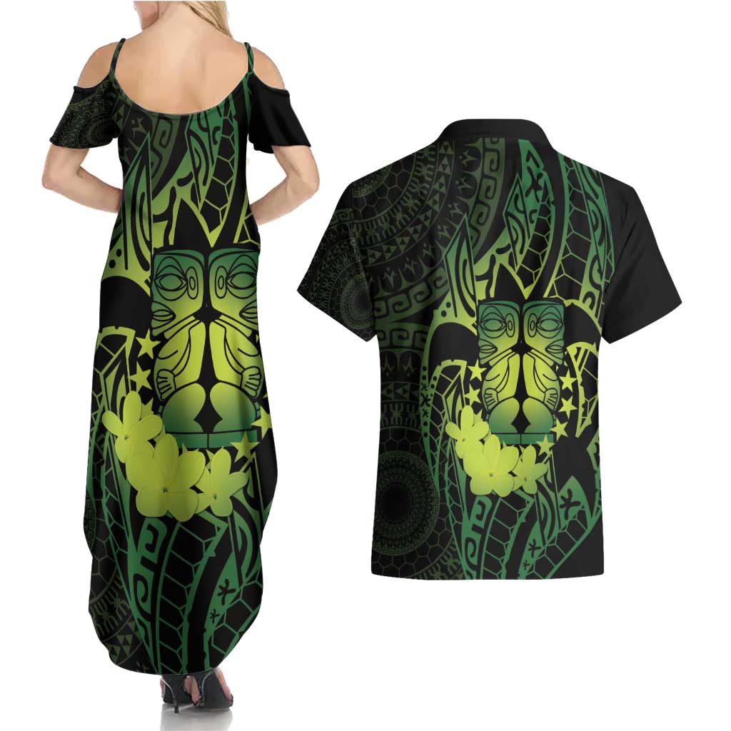 Kia Orana Kuki Airani Couples Matching Summer Maxi Dress and Hawaiian Shirt Cook Islands Tangaroa God Tatau Green LT14 - Polynesian Pride