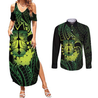 Kia Orana Kuki Airani Couples Matching Summer Maxi Dress and Long Sleeve Button Shirt Cook Islands Tangaroa God Tatau Green LT14 Green - Polynesian Pride
