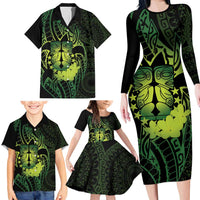 Kia Orana Kuki Airani Family Matching Long Sleeve Bodycon Dress and Hawaiian Shirt Cook Islands Tangaroa God Tatau Green LT14 - Polynesian Pride
