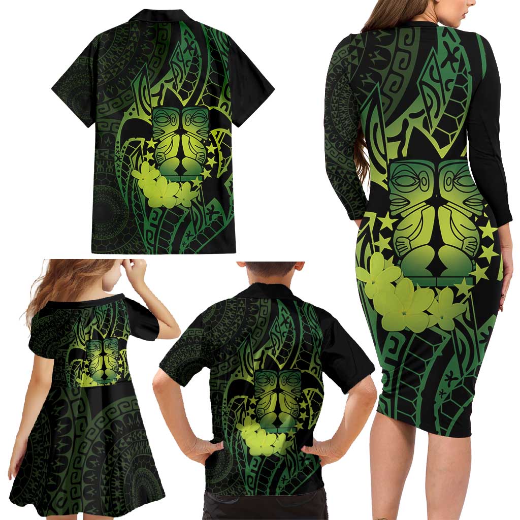 Kia Orana Kuki Airani Family Matching Long Sleeve Bodycon Dress and Hawaiian Shirt Cook Islands Tangaroa God Tatau Green LT14 - Polynesian Pride
