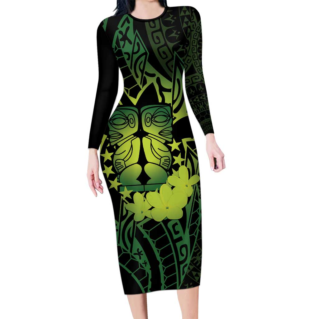 Kia Orana Kuki Airani Family Matching Long Sleeve Bodycon Dress and Hawaiian Shirt Cook Islands Tangaroa God Tatau Green LT14 Mom's Dress Green - Polynesian Pride