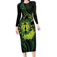 Kia Orana Kuki Airani Family Matching Long Sleeve Bodycon Dress and Hawaiian Shirt Cook Islands Tangaroa God Tatau Green LT14 Mom's Dress Green - Polynesian Pride