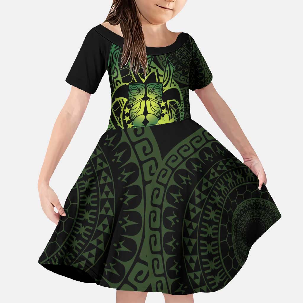 Kia Orana Kuki Airani Family Matching Mermaid Dress and Hawaiian Shirt Cook Islands Tangaroa God Tatau Green LT14 Daughter's Dress Green - Polynesian Pride