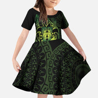 Kia Orana Kuki Airani Family Matching Off The Shoulder Long Sleeve Dress and Hawaiian Shirt Cook Islands Tangaroa God Tatau Green LT14 Daughter's Dress Green - Polynesian Pride