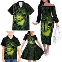 Kia Orana Kuki Airani Family Matching Off The Shoulder Long Sleeve Dress and Hawaiian Shirt Cook Islands Tangaroa God Tatau Green LT14 - Polynesian Pride