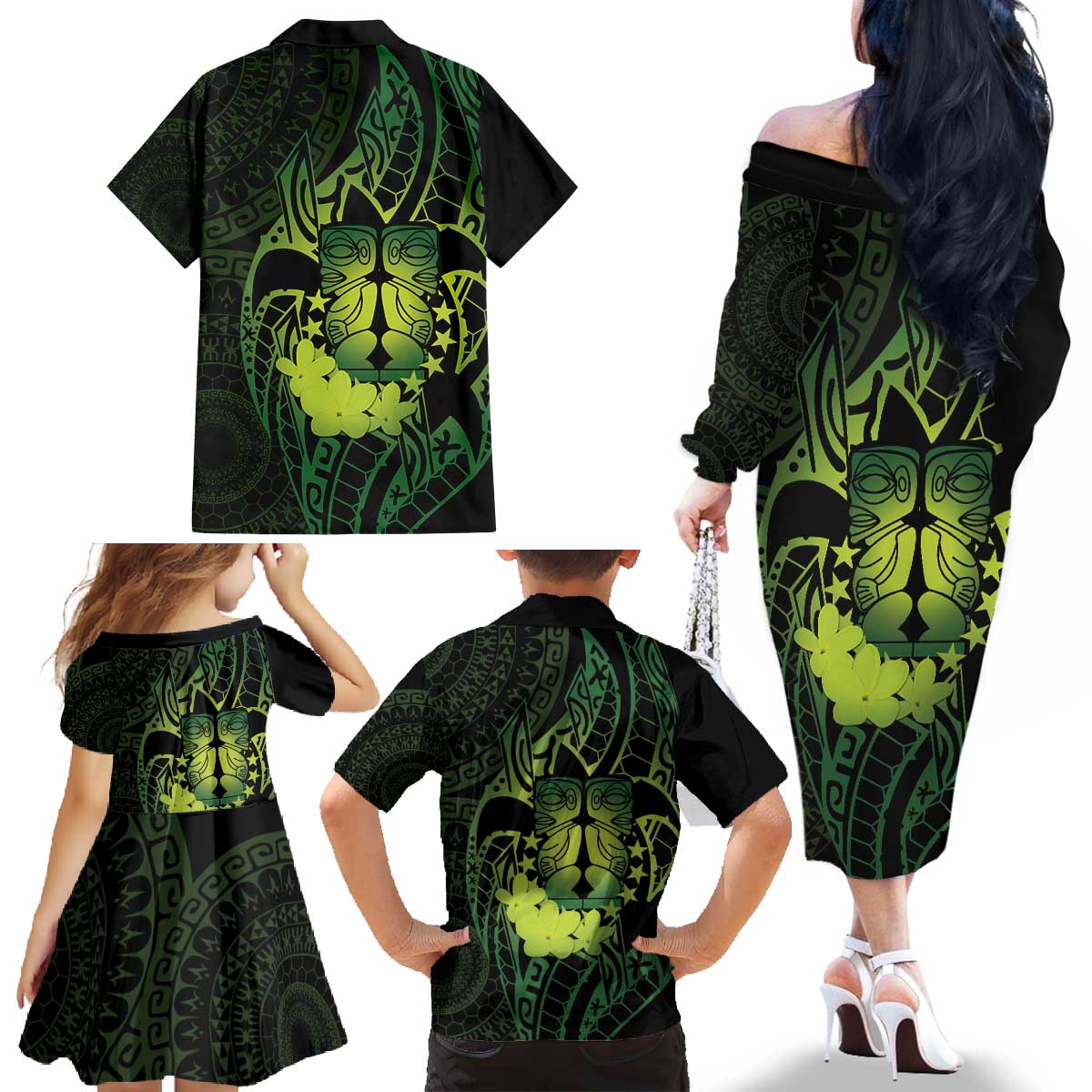 Kia Orana Kuki Airani Family Matching Off The Shoulder Long Sleeve Dress and Hawaiian Shirt Cook Islands Tangaroa God Tatau Green LT14 - Polynesian Pride
