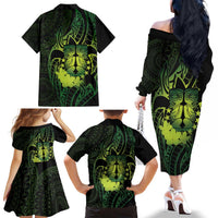 Kia Orana Kuki Airani Family Matching Off The Shoulder Long Sleeve Dress and Hawaiian Shirt Cook Islands Tangaroa God Tatau Green LT14 - Polynesian Pride
