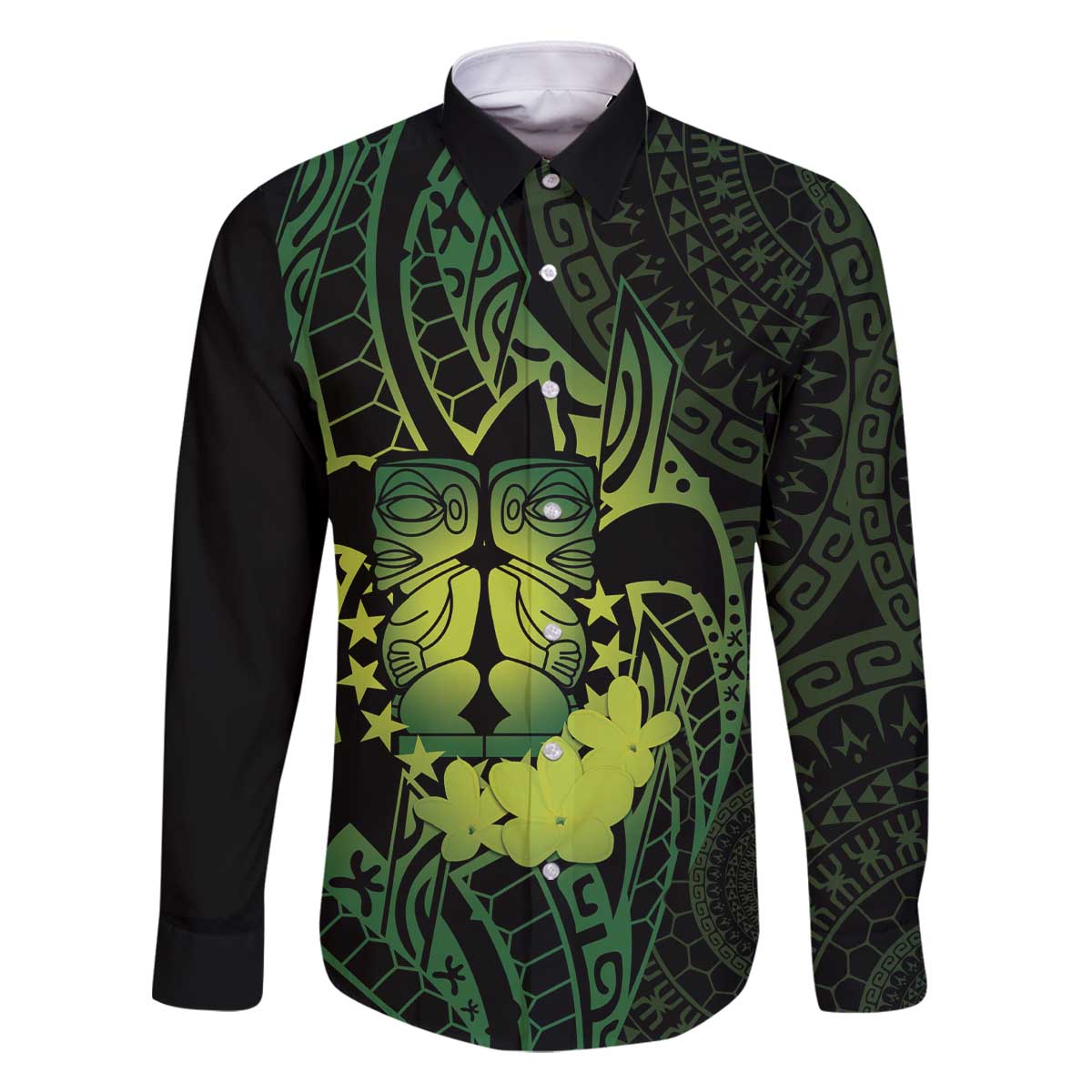 Kia Orana Kuki Airani Family Matching Off The Shoulder Long Sleeve Dress and Hawaiian Shirt Cook Islands Tangaroa God Tatau Green LT14 Dad's Shirt - Long Sleeve Green - Polynesian Pride