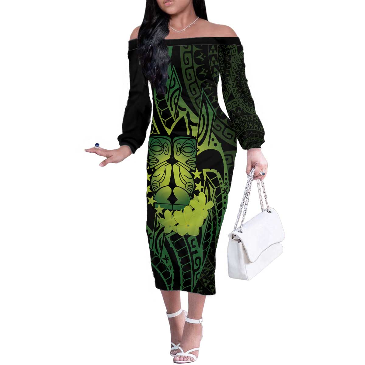 Kia Orana Kuki Airani Family Matching Off The Shoulder Long Sleeve Dress and Hawaiian Shirt Cook Islands Tangaroa God Tatau Green LT14 Mom's Dress Green - Polynesian Pride