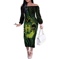 Kia Orana Kuki Airani Family Matching Off The Shoulder Long Sleeve Dress and Hawaiian Shirt Cook Islands Tangaroa God Tatau Green LT14 Mom's Dress Green - Polynesian Pride