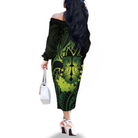 Kia Orana Kuki Airani Family Matching Off The Shoulder Long Sleeve Dress and Hawaiian Shirt Cook Islands Tangaroa God Tatau Green LT14 - Polynesian Pride