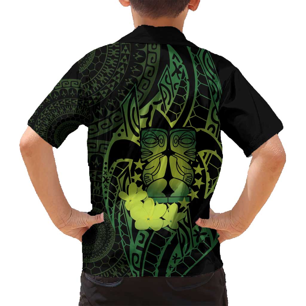Kia Orana Kuki Airani Family Matching Off Shoulder Maxi Dress and Hawaiian Shirt Cook Islands Tangaroa God Tatau Green LT14 - Polynesian Pride