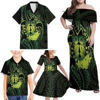 Kia Orana Kuki Airani Family Matching Off Shoulder Maxi Dress and Hawaiian Shirt Cook Islands Tangaroa God Tatau Green LT14 - Polynesian Pride