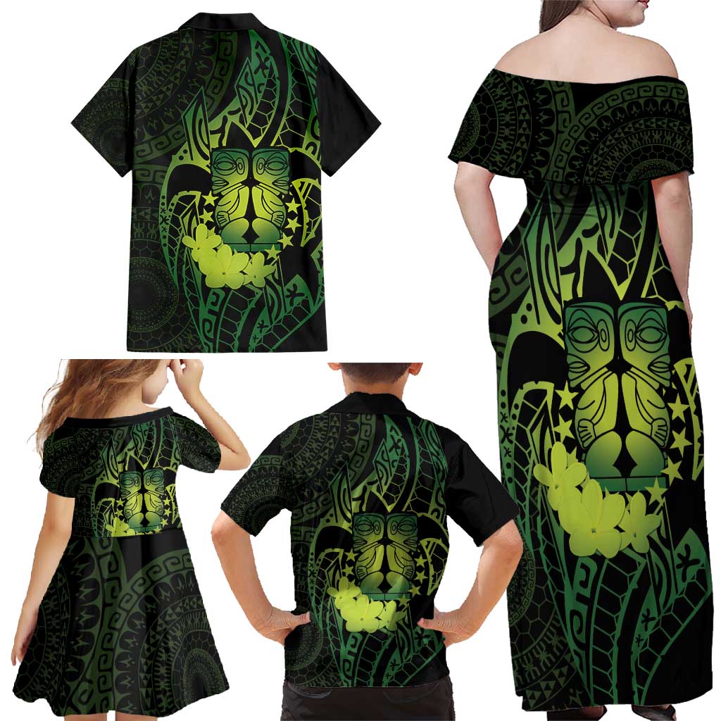 Kia Orana Kuki Airani Family Matching Off Shoulder Maxi Dress and Hawaiian Shirt Cook Islands Tangaroa God Tatau Green LT14 - Polynesian Pride