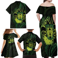 Kia Orana Kuki Airani Family Matching Off Shoulder Maxi Dress and Hawaiian Shirt Cook Islands Tangaroa God Tatau Green LT14 - Polynesian Pride