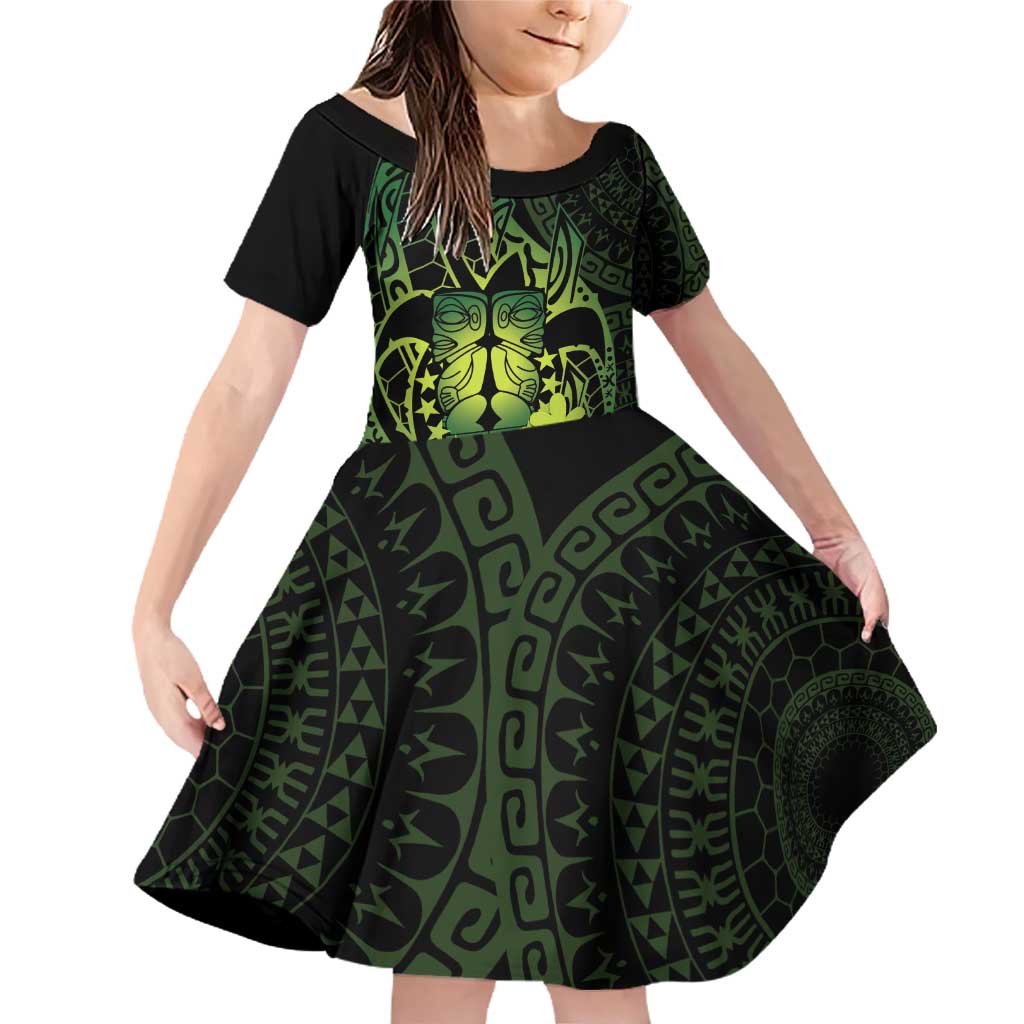 Kia Orana Kuki Airani Family Matching Off Shoulder Short Dress and Hawaiian Shirt Cook Islands Tangaroa God Tatau Green LT14 Daughter's Dress Green - Polynesian Pride