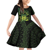 Kia Orana Kuki Airani Family Matching Off Shoulder Short Dress and Hawaiian Shirt Cook Islands Tangaroa God Tatau Green LT14 Daughter's Dress Green - Polynesian Pride