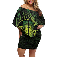 Kia Orana Kuki Airani Family Matching Off Shoulder Short Dress and Hawaiian Shirt Cook Islands Tangaroa God Tatau Green LT14 Mom's Dress Green - Polynesian Pride