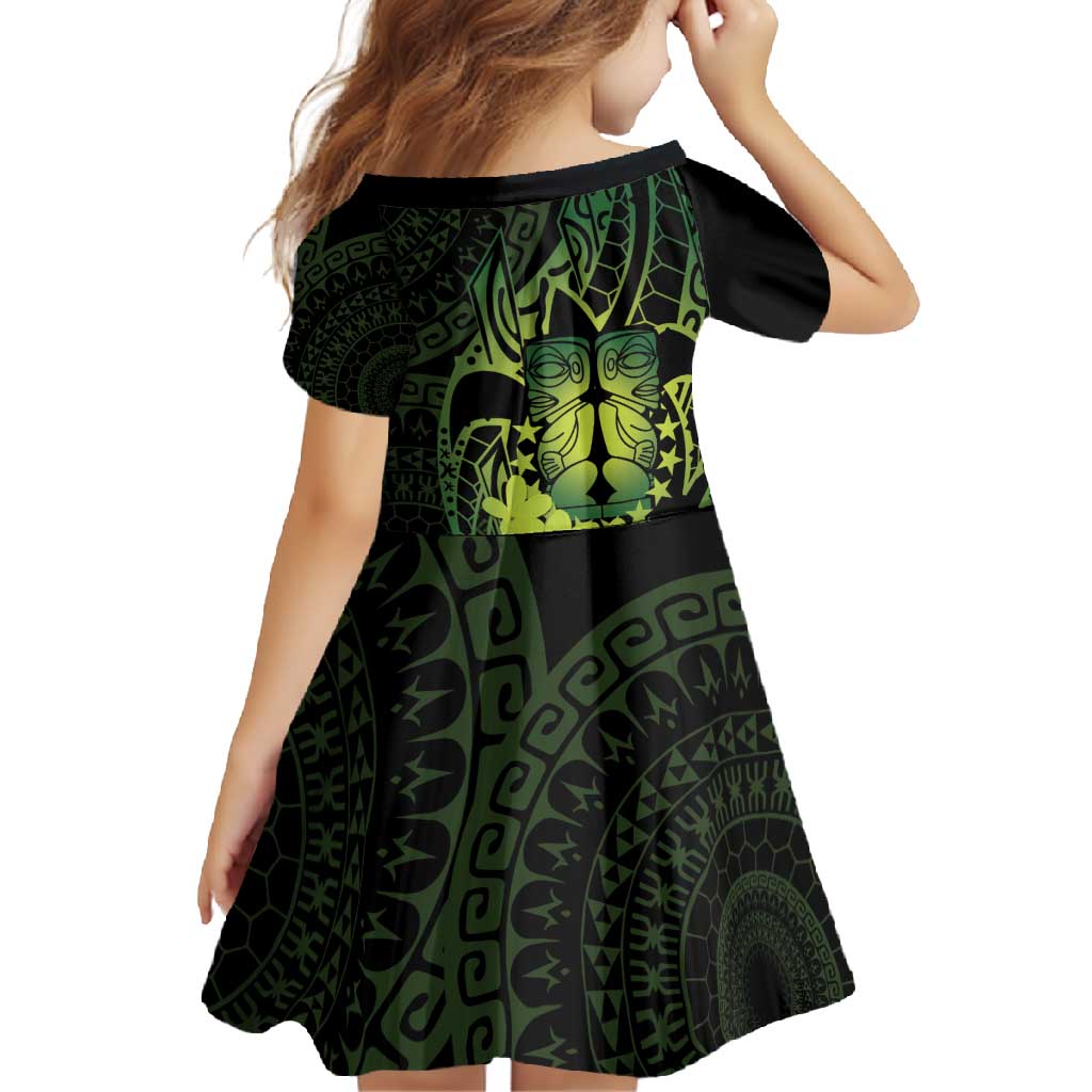 Kia Orana Kuki Airani Family Matching Short Sleeve Bodycon Dress and Hawaiian Shirt Cook Islands Tangaroa God Tatau Green LT14 - Polynesian Pride