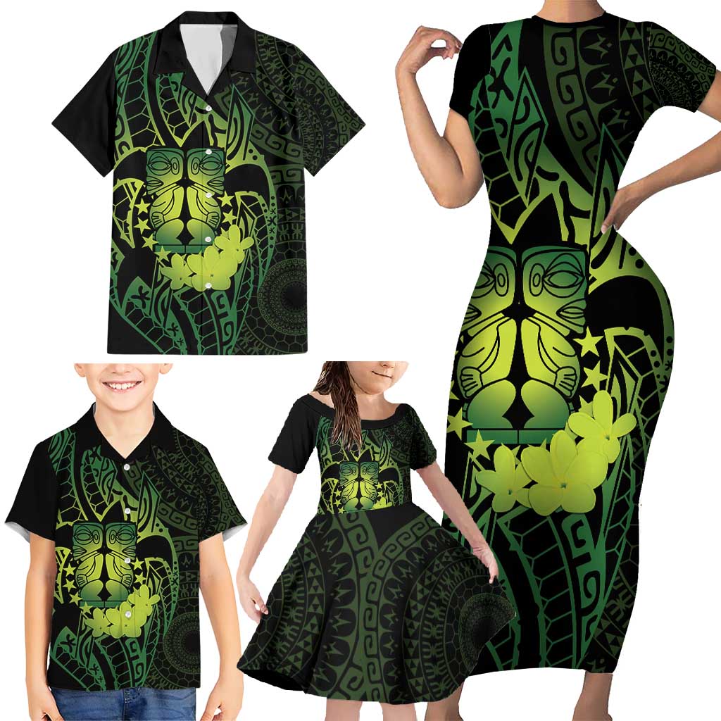 Kia Orana Kuki Airani Family Matching Short Sleeve Bodycon Dress and Hawaiian Shirt Cook Islands Tangaroa God Tatau Green LT14 - Polynesian Pride