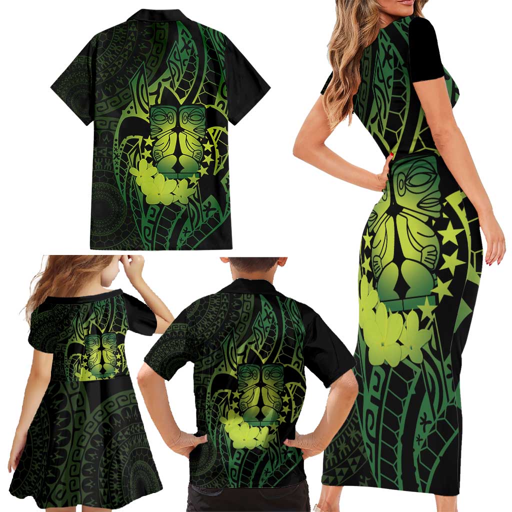 Kia Orana Kuki Airani Family Matching Short Sleeve Bodycon Dress and Hawaiian Shirt Cook Islands Tangaroa God Tatau Green LT14 - Polynesian Pride