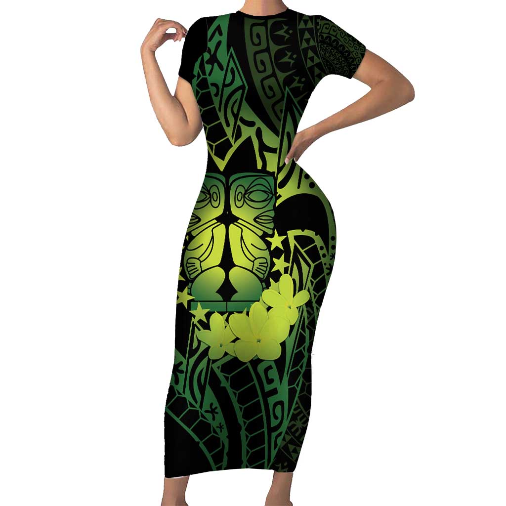 Kia Orana Kuki Airani Family Matching Short Sleeve Bodycon Dress and Hawaiian Shirt Cook Islands Tangaroa God Tatau Green LT14 Mom's Dress Green - Polynesian Pride
