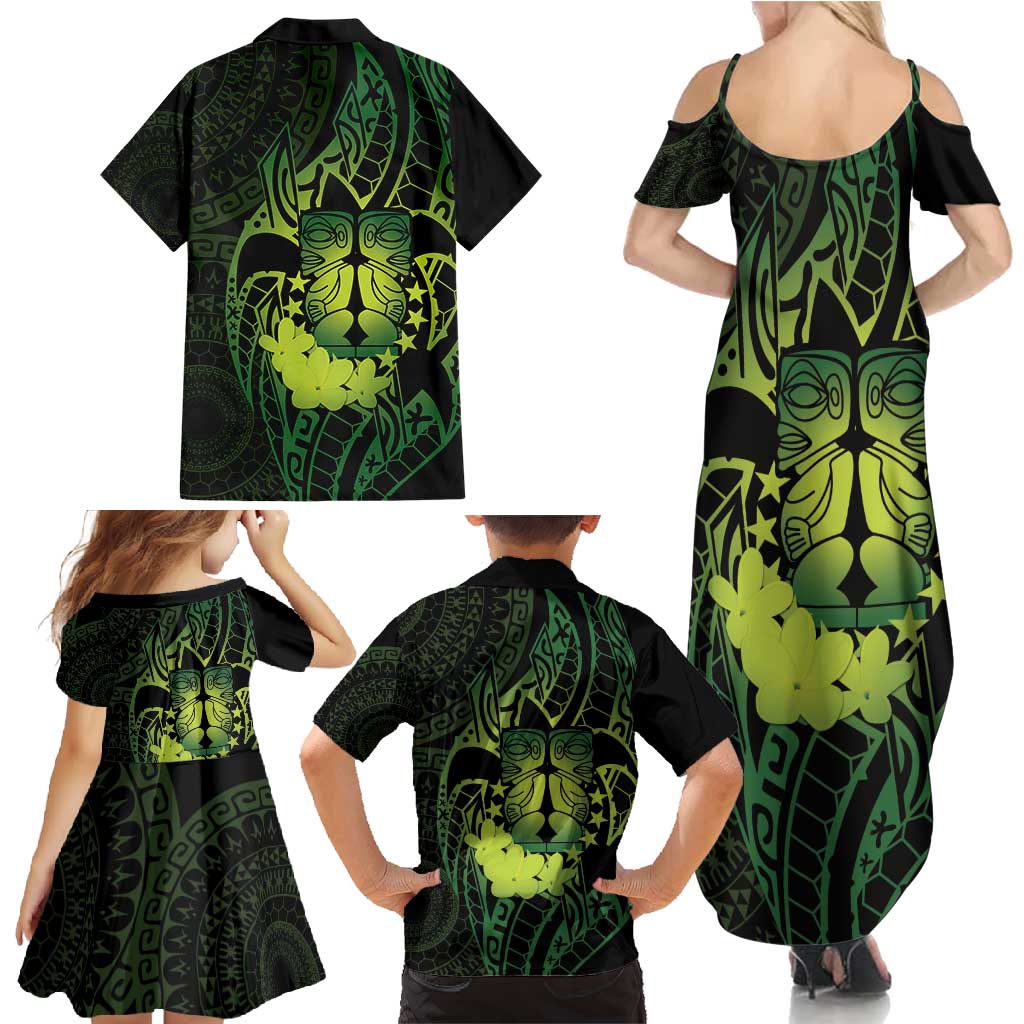 Kia Orana Kuki Airani Family Matching Summer Maxi Dress and Hawaiian Shirt Cook Islands Tangaroa God Tatau Green LT14 - Polynesian Pride