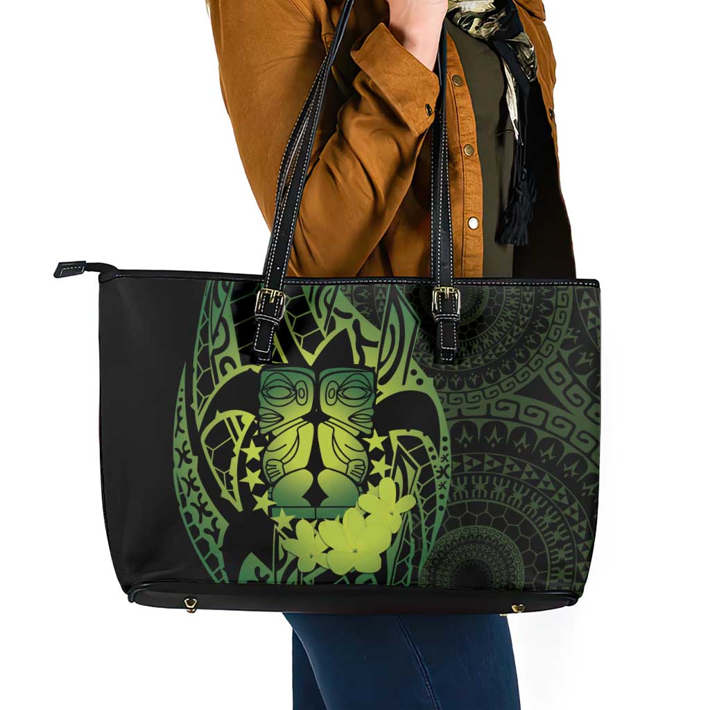 Kia Orana Kuki Airani Leather Tote Bag Cook Islands Tangaroa God Tatau Green