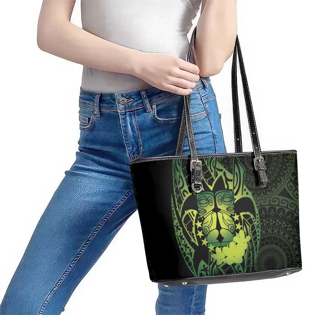 Kia Orana Kuki Airani Leather Tote Bag Cook Islands Tangaroa God Tatau Green