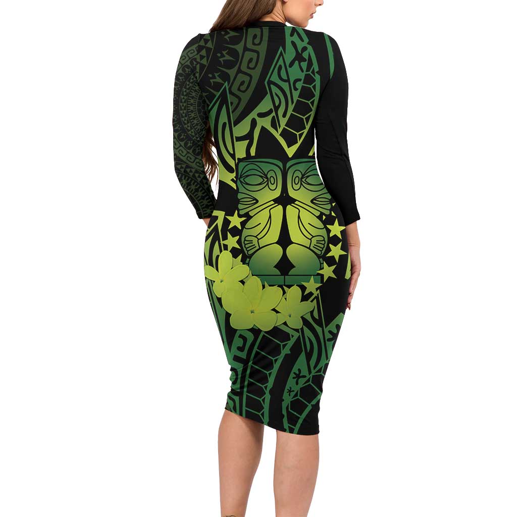 Kia Orana Kuki Airani Long Sleeve Bodycon Dress Cook Islands Tangaroa God Tatau Green LT14 - Polynesian Pride