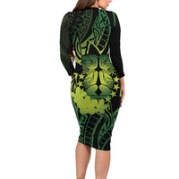 Kia Orana Kuki Airani Long Sleeve Bodycon Dress Cook Islands Tangaroa God Tatau Green LT14 - Polynesian Pride