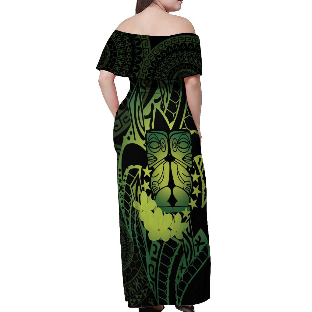 Kia Orana Kuki Airani Off Shoulder Maxi Dress Cook Islands Tangaroa God Tatau Green