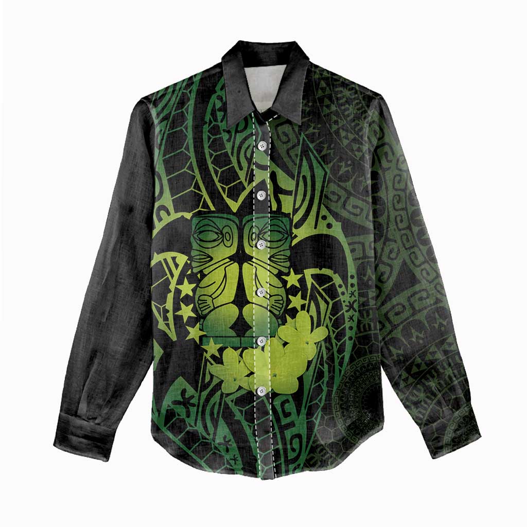 Kia Orana Kuki Airani Women Casual Shirt Cook Islands Tangaroa God Tatau Green LT14 - Polynesian Pride