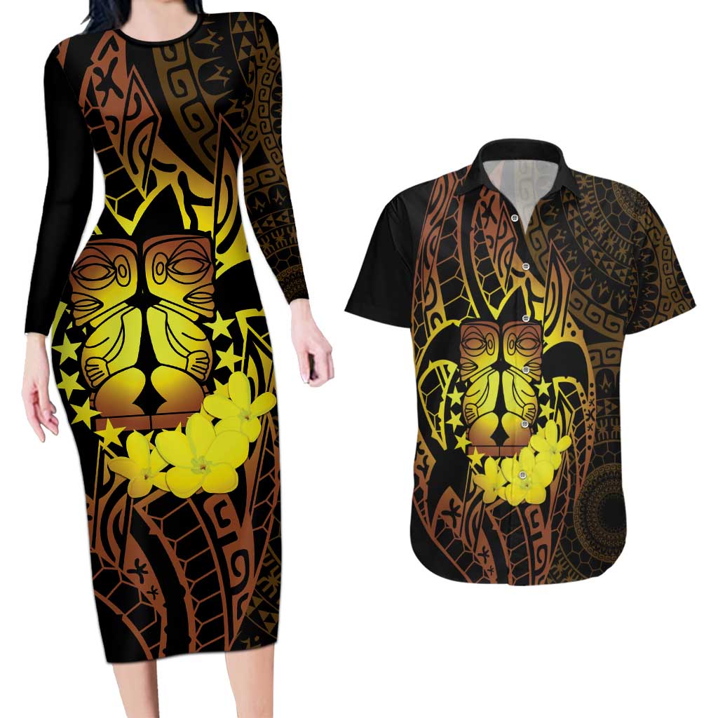 Kia Orana Kuki Airani Couples Matching Long Sleeve Bodycon Dress and Hawaiian Shirt Cook Islands Tangaroa God Tatau Gold LT14 Gold - Polynesian Pride