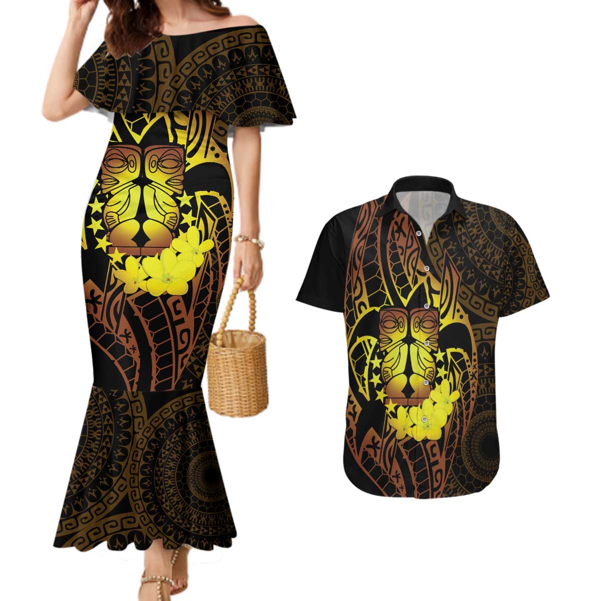 Kia Orana Kuki Airani Couples Matching Mermaid Dress and Hawaiian Shirt Cook Islands Tangaroa God Tatau Gold