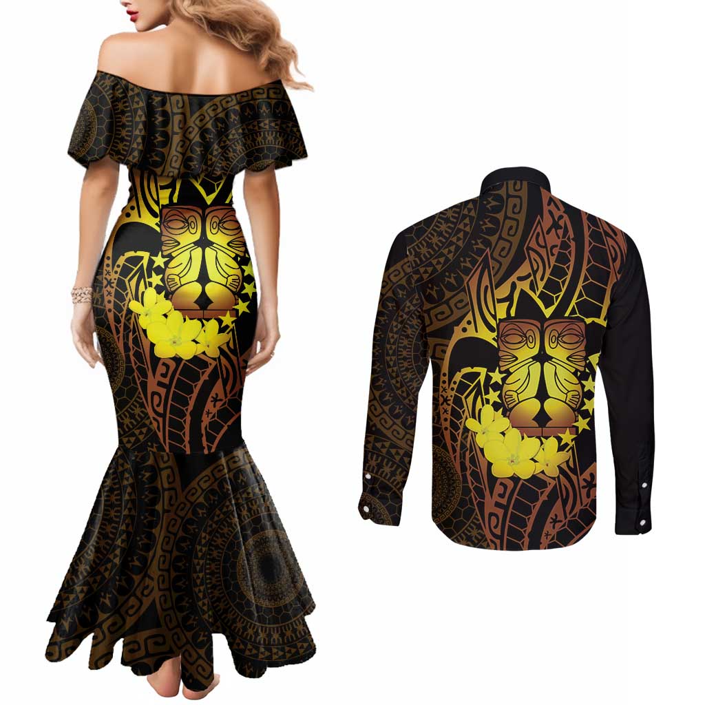 Kia Orana Kuki Airani Couples Matching Mermaid Dress and Long Sleeve Button Shirt Cook Islands Tangaroa God Tatau Gold LT14 - Polynesian Pride