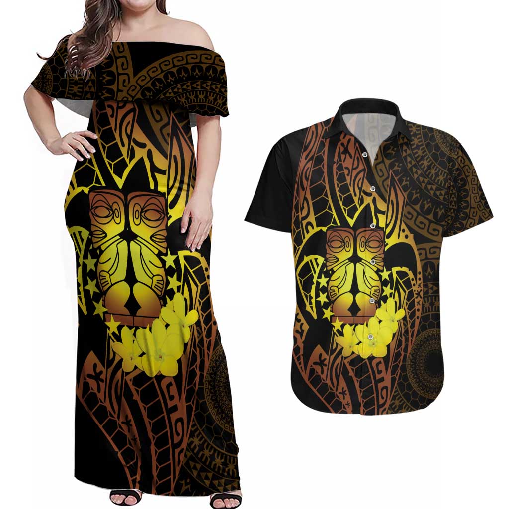 Kia Orana Kuki Airani Couples Matching Off Shoulder Maxi Dress and Hawaiian Shirt Cook Islands Tangaroa God Tatau Gold