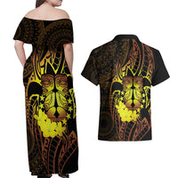 Kia Orana Kuki Airani Couples Matching Off Shoulder Maxi Dress and Hawaiian Shirt Cook Islands Tangaroa God Tatau Gold LT14 - Polynesian Pride