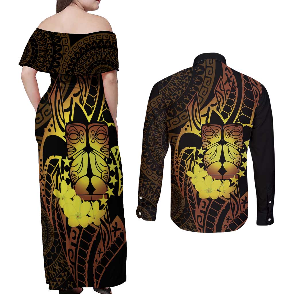 Kia Orana Kuki Airani Couples Matching Off Shoulder Maxi Dress and Long Sleeve Button Shirt Cook Islands Tangaroa God Tatau Gold LT14 - Polynesian Pride
