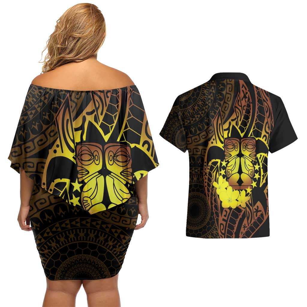 Kia Orana Kuki Airani Couples Matching Off Shoulder Short Dress and Hawaiian Shirt Cook Islands Tangaroa God Tatau Gold LT14 - Polynesian Pride