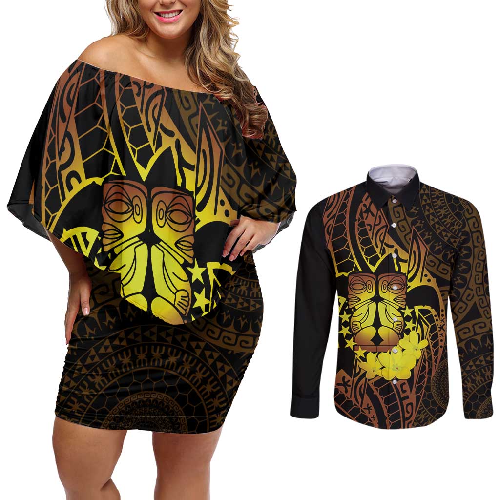 Kia Orana Kuki Airani Couples Matching Off Shoulder Short Dress and Long Sleeve Button Shirt Cook Islands Tangaroa God Tatau Gold LT14 Gold - Polynesian Pride