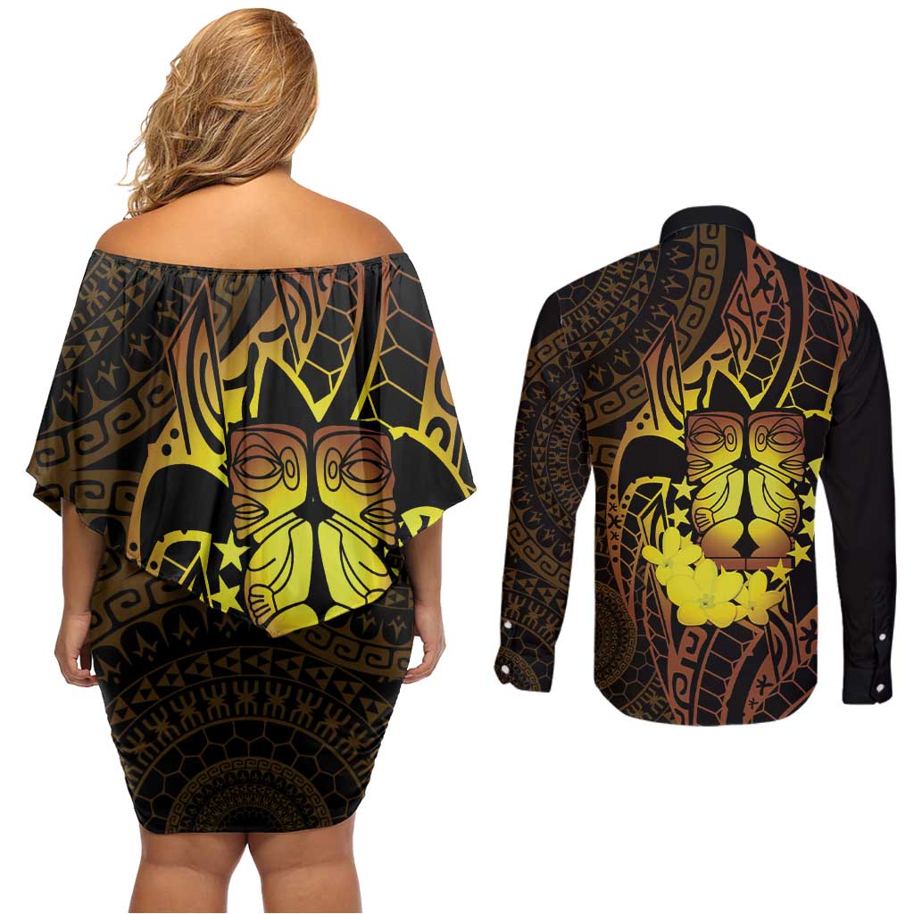 Kia Orana Kuki Airani Couples Matching Off Shoulder Short Dress and Long Sleeve Button Shirt Cook Islands Tangaroa God Tatau Gold LT14 - Polynesian Pride