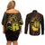 Kia Orana Kuki Airani Couples Matching Off Shoulder Short Dress and Long Sleeve Button Shirt Cook Islands Tangaroa God Tatau Gold
