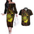 Kia Orana Kuki Airani Couples Matching Off The Shoulder Long Sleeve Dress and Hawaiian Shirt Cook Islands Tangaroa God Tatau Gold
